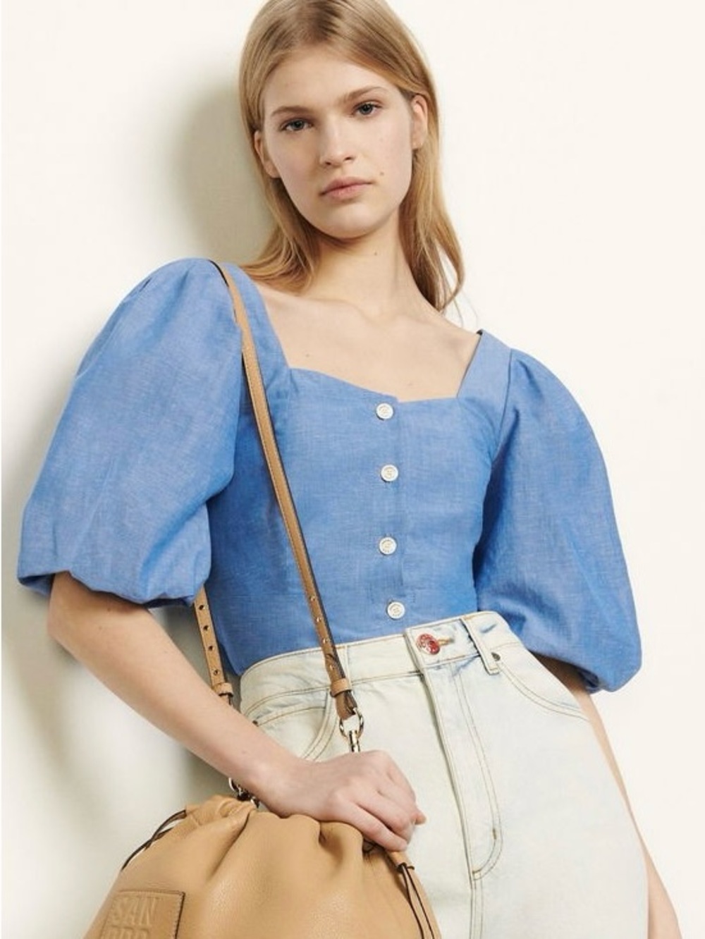 Sandro Paris Blue Puff Sleeve Button Front Linen Top NWOT